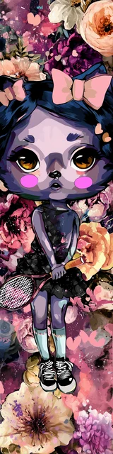 Free kawaii cats bookmark featuring a tennis-playing cat with blush